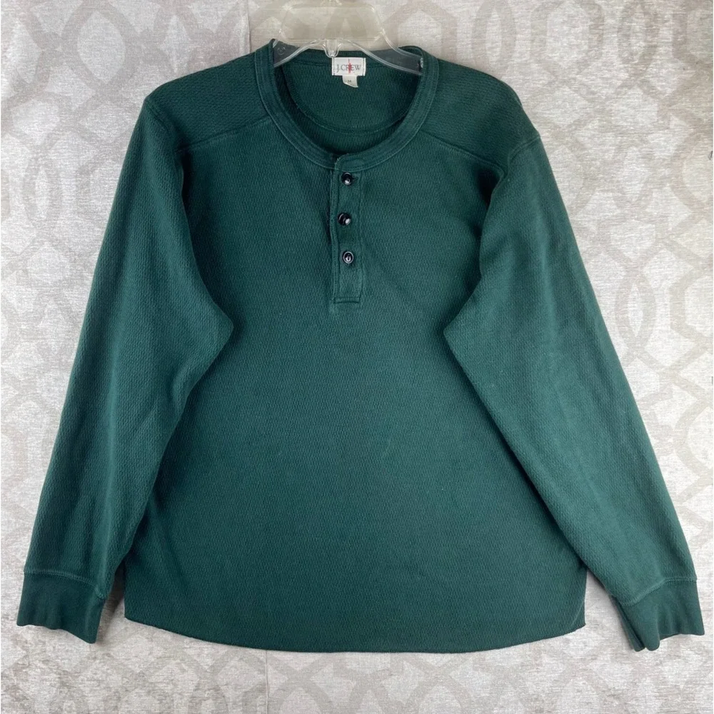 J Crew Oarsman Henley‎ Mens Medium Green Waffle Knit Cotton Long Sleeve Shirt